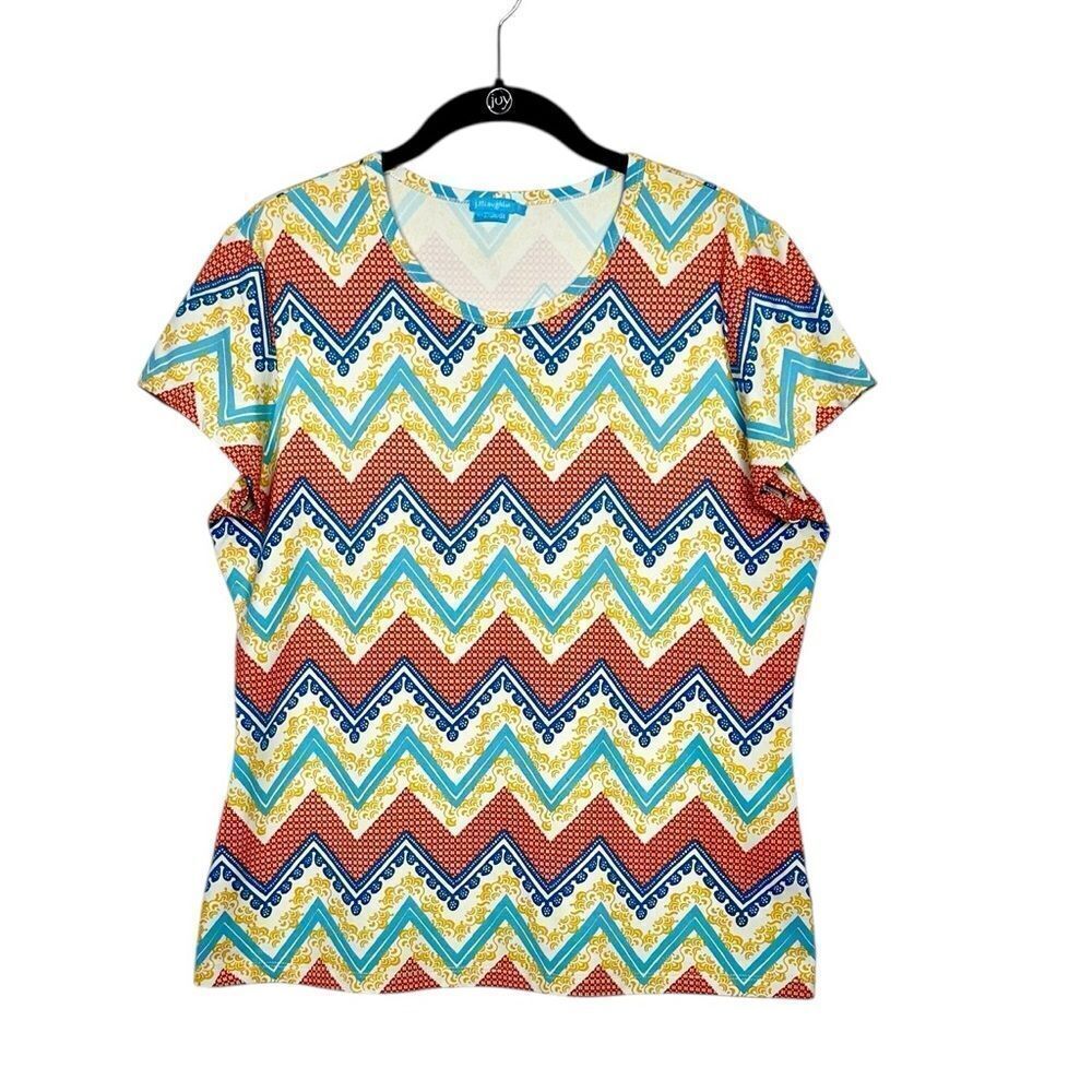 J. McLaughlin Chevron Print Stretch Top V-neck Short Sleeve Catalina Cloth L